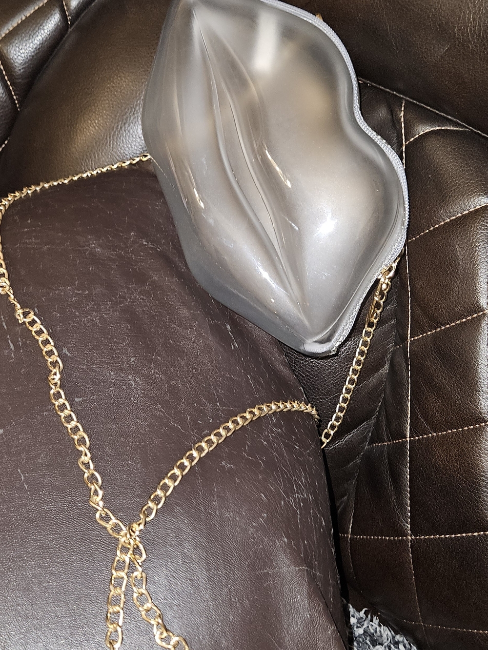 Translucent Gray Lip Crossbody Bag with Gold Chain